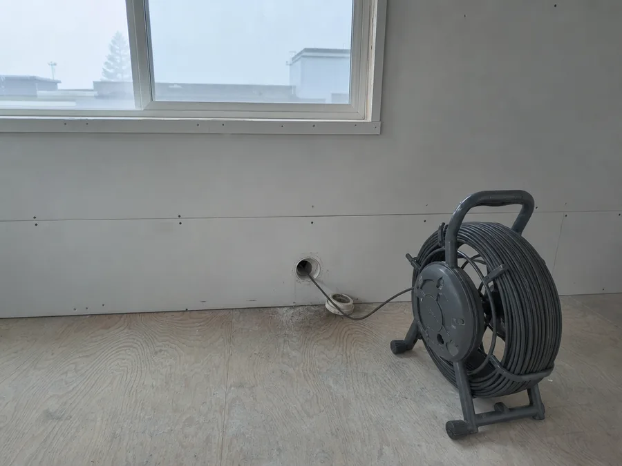 A cleanout opened at the base of a wall, with a drain camera reel standing on the floor and its cable fed into the pipe