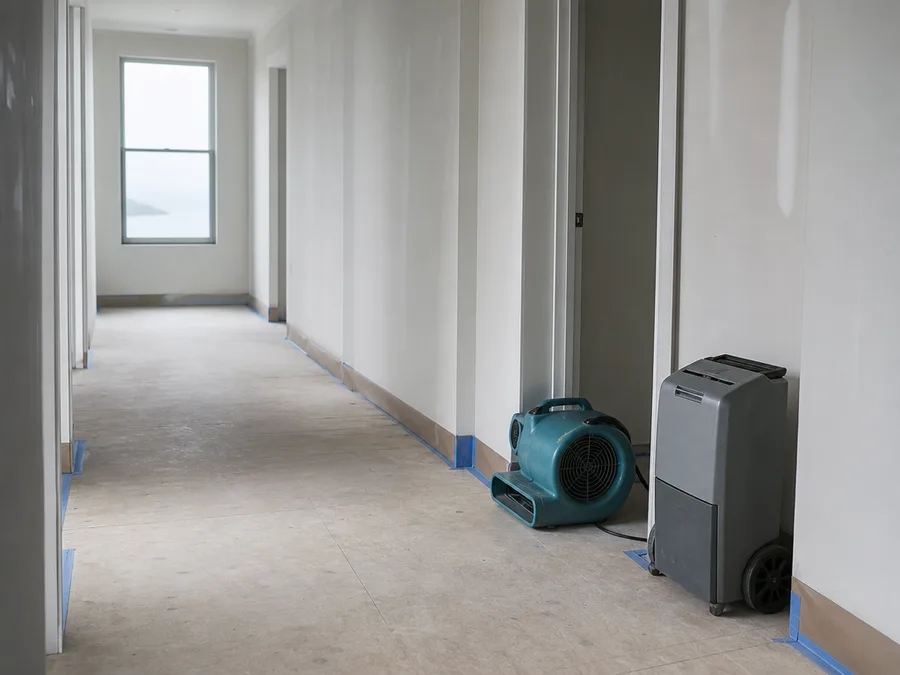 A drying setup left running in an empty hallway, an air mover at the base of a door casing and a dehumidifier beside it with floor protection taped along the skirting