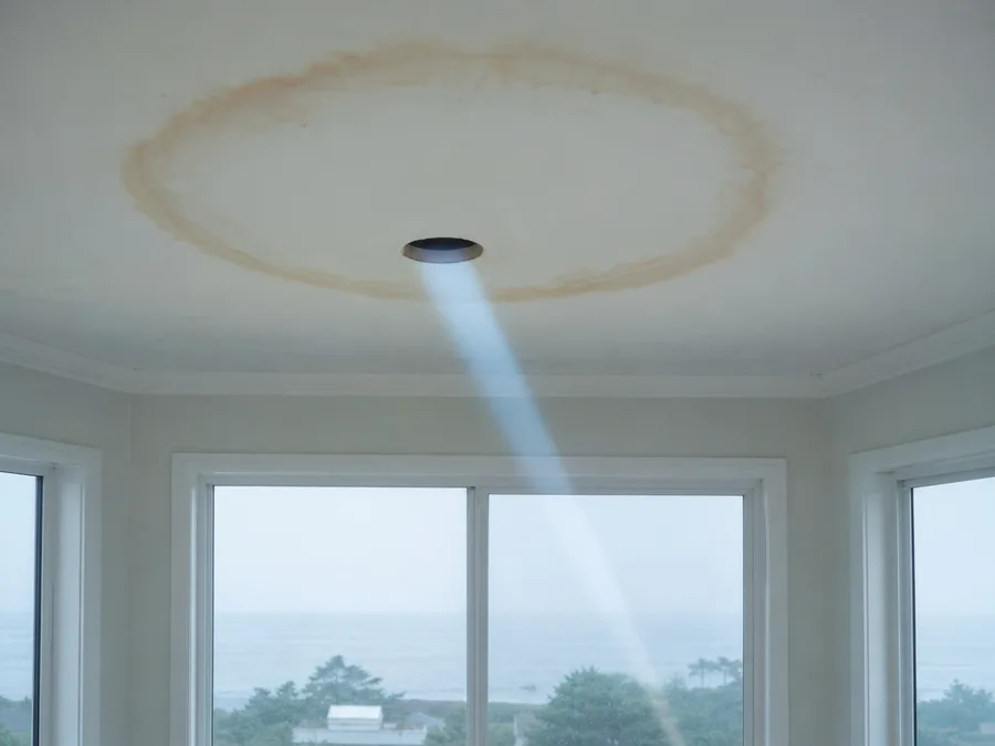 A small round inspection hole cut at the lowest point of a brown ring on a painted ceiling, with a torch beam angled into the cavity