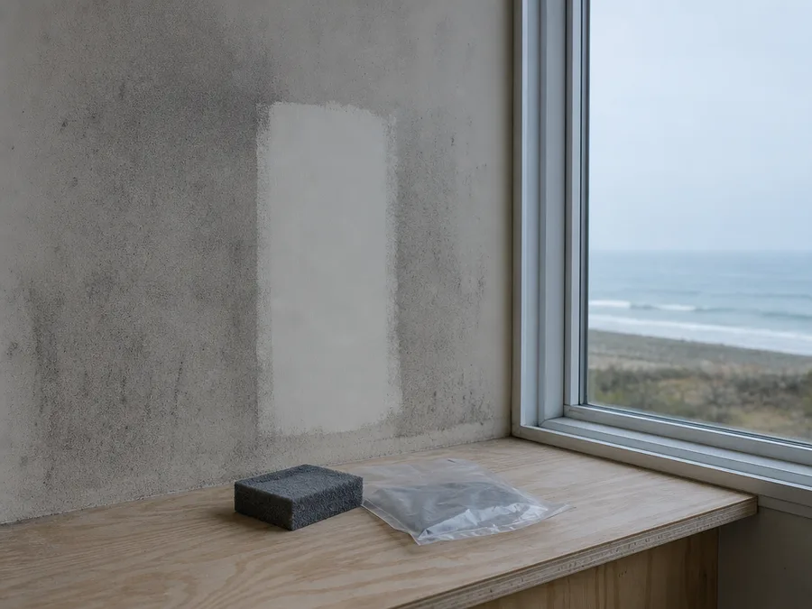 A dry chemical sponge and a sealed bag resting on a windowsill below a sooted wall, with one clean rectangle already wiped through the deposit above them