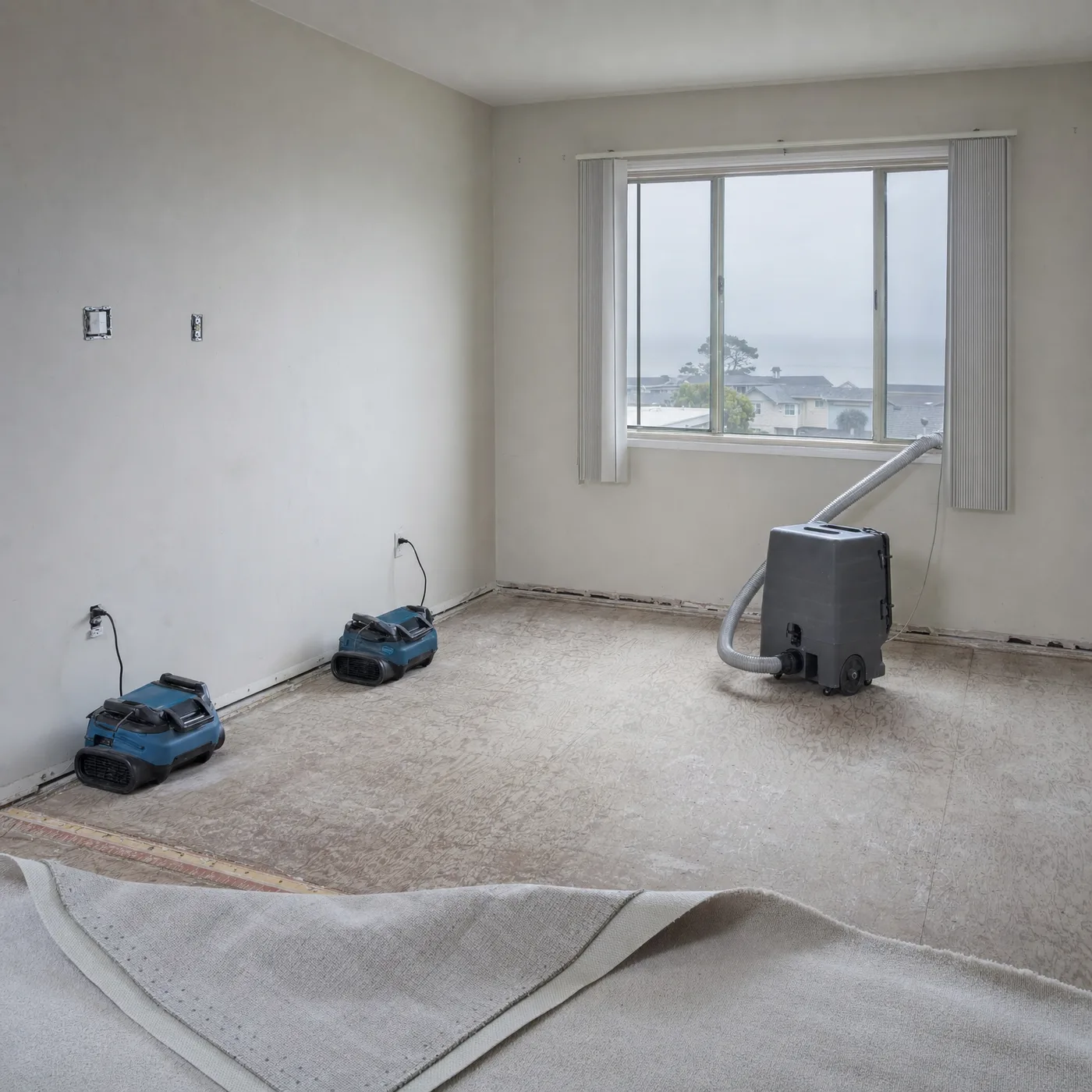 An empty room part way through drying out, two air movers set along the baseboards and the carpet lifted back off the bare subfloor