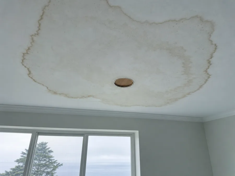 A brown edged water stain spreading across a painted ceiling, with a small round inspection hole cut at the lowest point of it