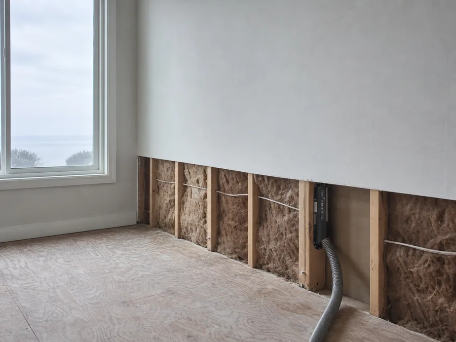 A straight horizontal cut across a wall about two feet above the floor with the lower section of drywall removed, the stud bay and insulation open and a slim drying nozzle set into one bay