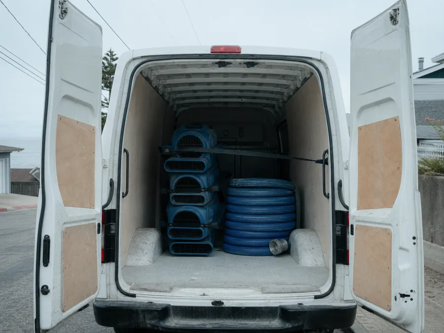 The open rear doors of an empty work van on a residential street, stacked air movers and a coiled hose strapped inside