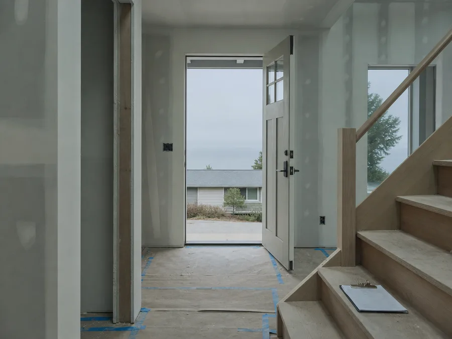 A front doorway seen from inside a hall, floor protection taped across the threshold and a clipboard resting on the bottom stair tread