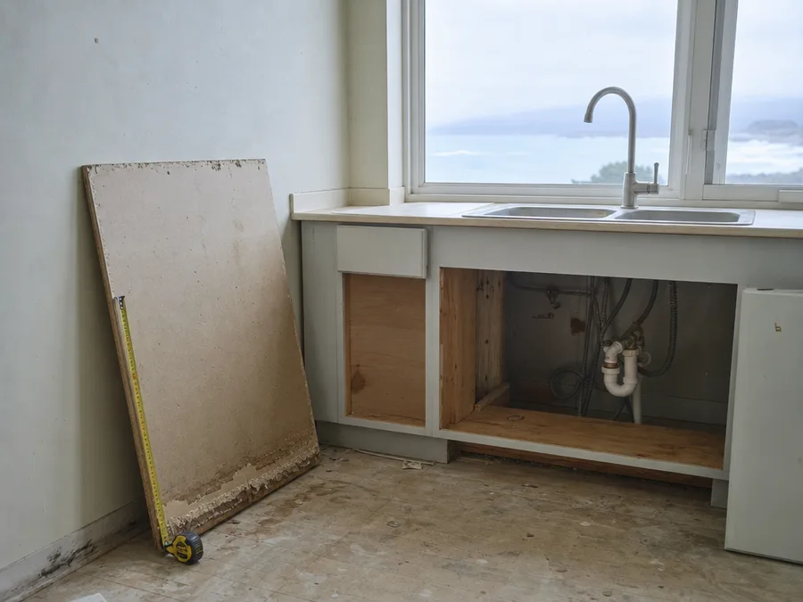 A water damaged panel taken out of a sink unit and stood against a wall, a tape measure extended up its swollen edge, with the cabinet open below the sink and the floor stripped back