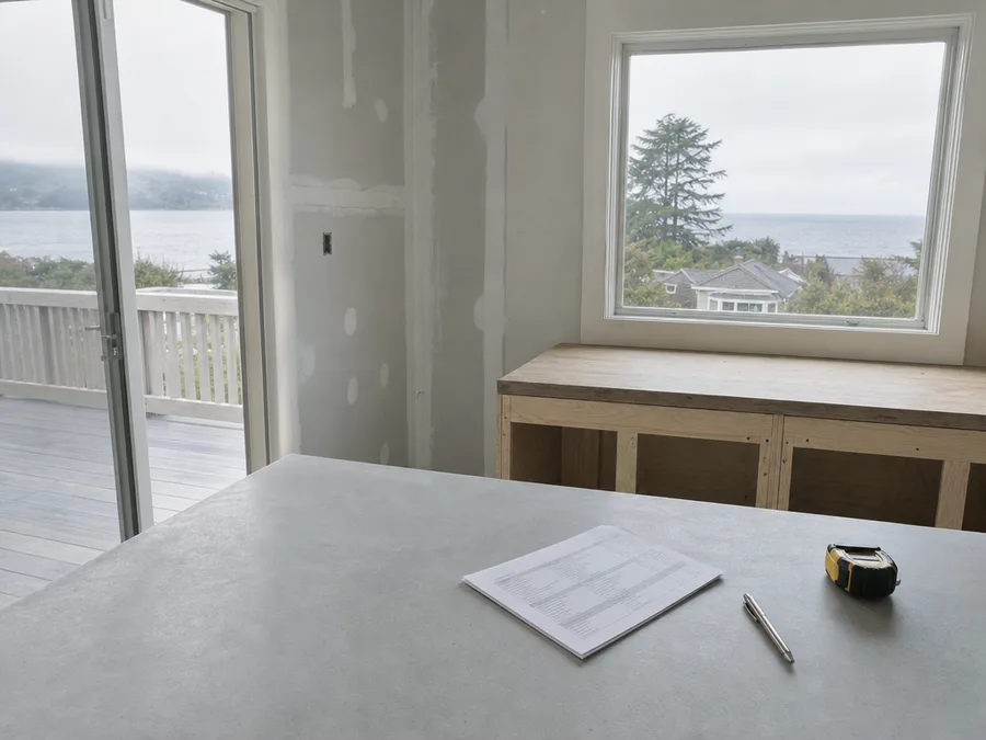 A printed itemised repair estimate on a kitchen worktop beside a pen and a folded tape measure