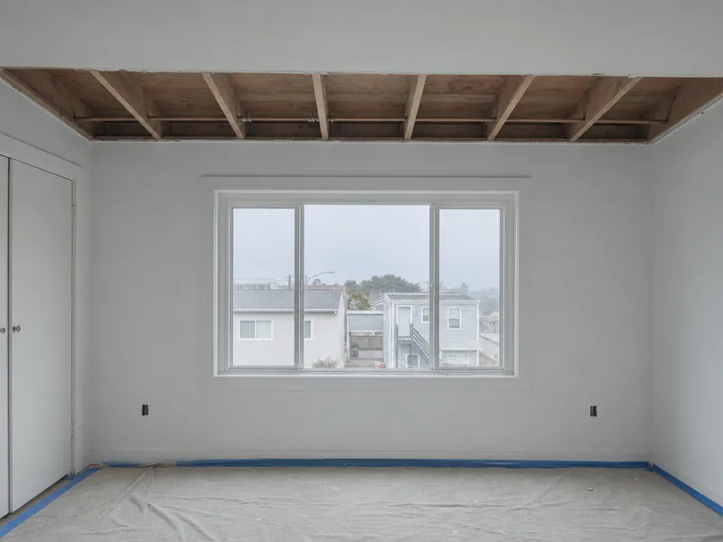A ceiling opened up across several joists with the board removed, the bare joists visible above and a drop cloth taped down on the floor below
