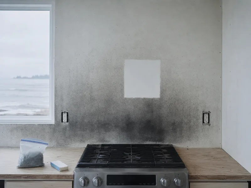 A kitchen wall above a range carrying grey soot that fades upward, with one square wiped back to bare paint and a chemical sponge on the counter