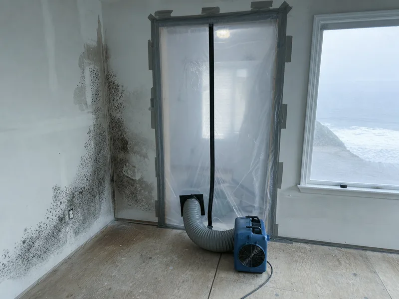 A sheet of polyethylene containment taped across a doorway with a zippered slit, a machine ducted through it and dark mottled growth on the drywall behind