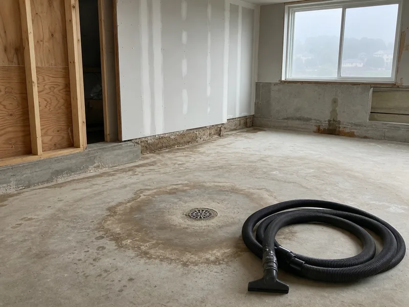 A basement floor drain ringed by a stained tide line on the concrete, the flooring cut back to the slab and a wet vacuum hose coiled beside it